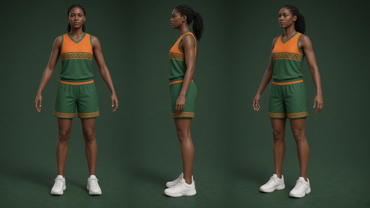 AI-generated concept art: Original fictional basketball player, front, side and three-quarter turnaround. Fictional, not a real team or person.