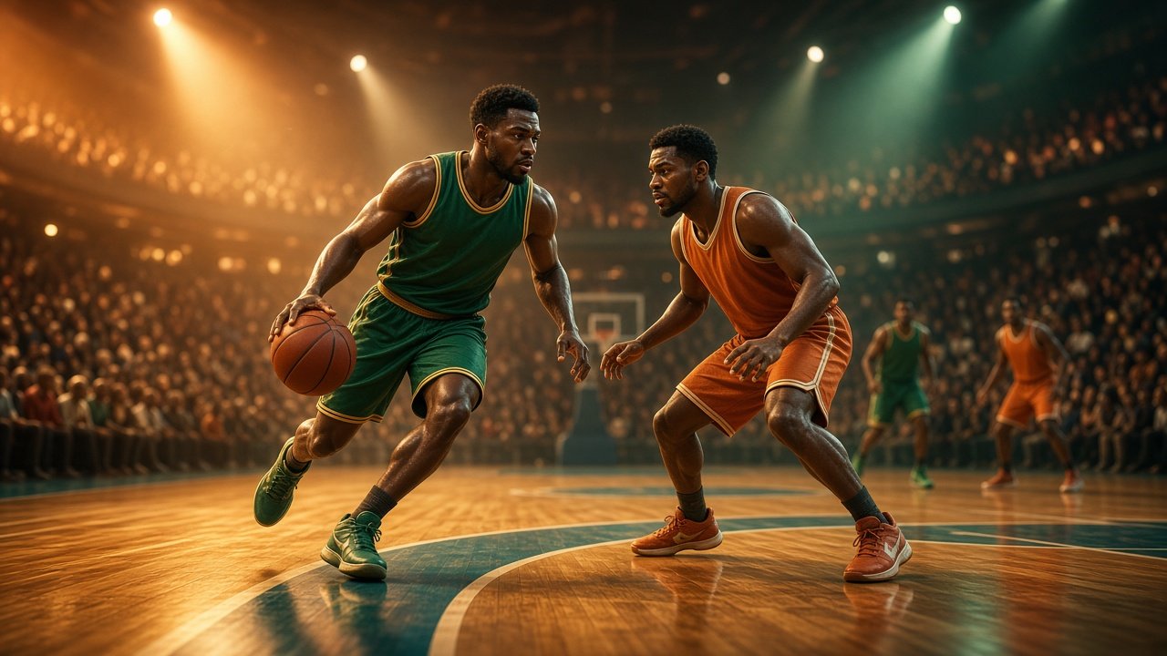 AI-generated concept art: Indoor arena basketball action, fictional teams in plain uniforms. Fictional, not a real team or person.